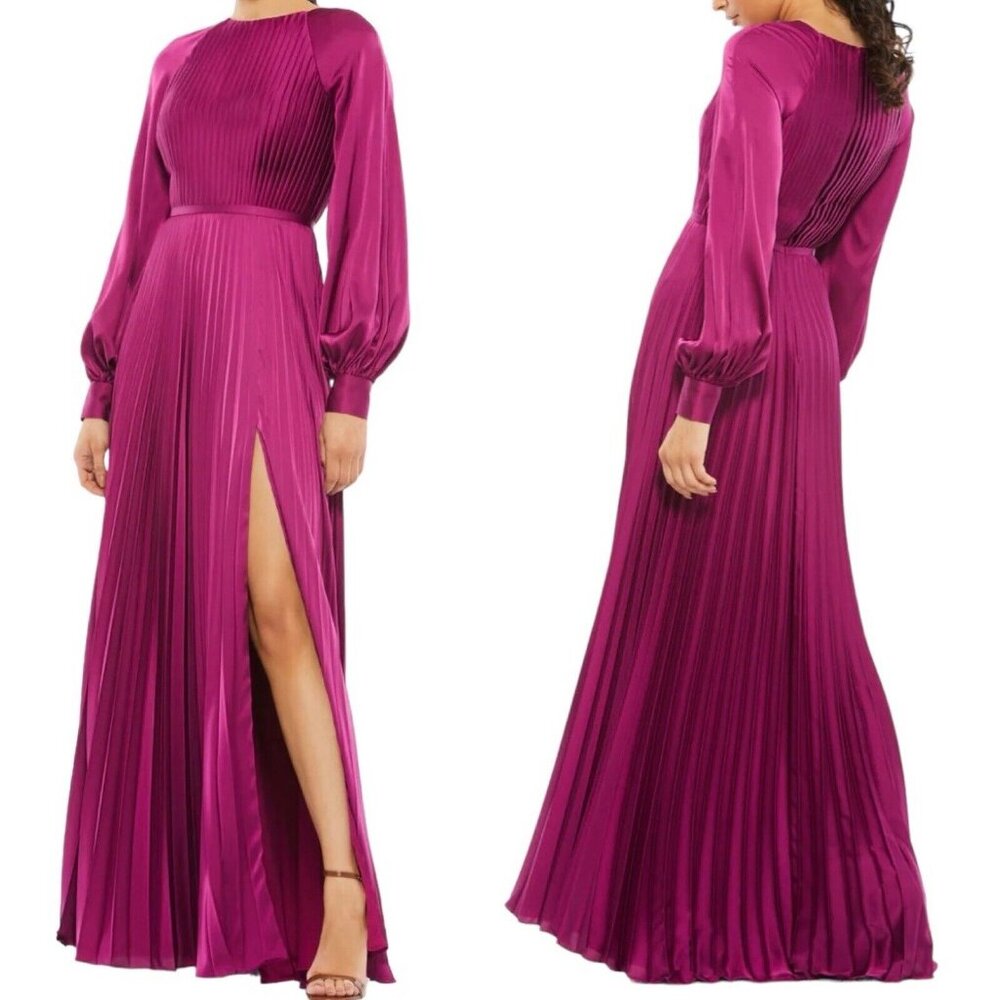 NEW Mac‎ Duggal Long Sleeve Pleated High Neck Satin Charmeuse Gown  BERRY 26590